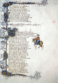 Opening page of The Wife of Bath's Prologue Tale, from the Ellesmere manuscript of Geoffrey Chaucer's Canterbury Tales.